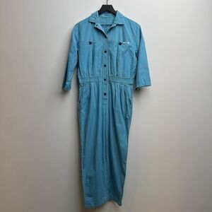 Vtg 80s IDEAS Blue Jumpsuit Medium Romper Coveralls Cotton Cinched Waist Women's